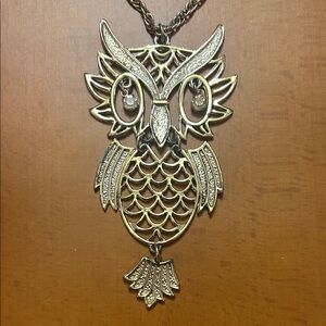 Vintage Gold Tone Owl Pendant Necklace -3 Piece with Rope Chain